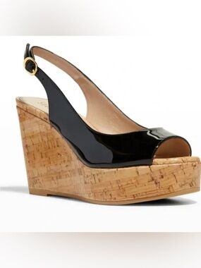 Stuart Weitzman Riveria Patent Leather Slingback Cork Platform Wedge Sandals 5